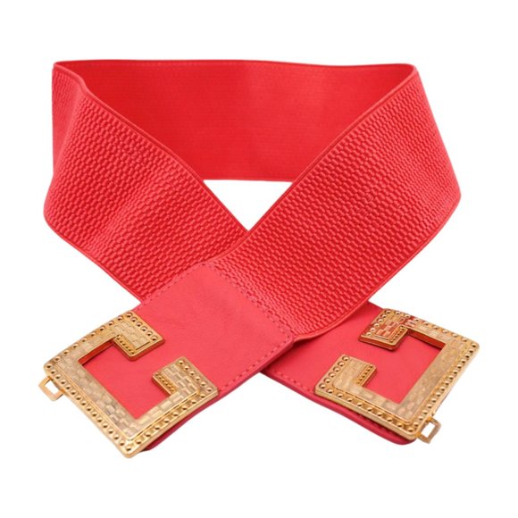 New Women Coral Pink Red Elastic Wide Fashion Belt Gold Metal C Buckle Size S M - Picture 4 of 17